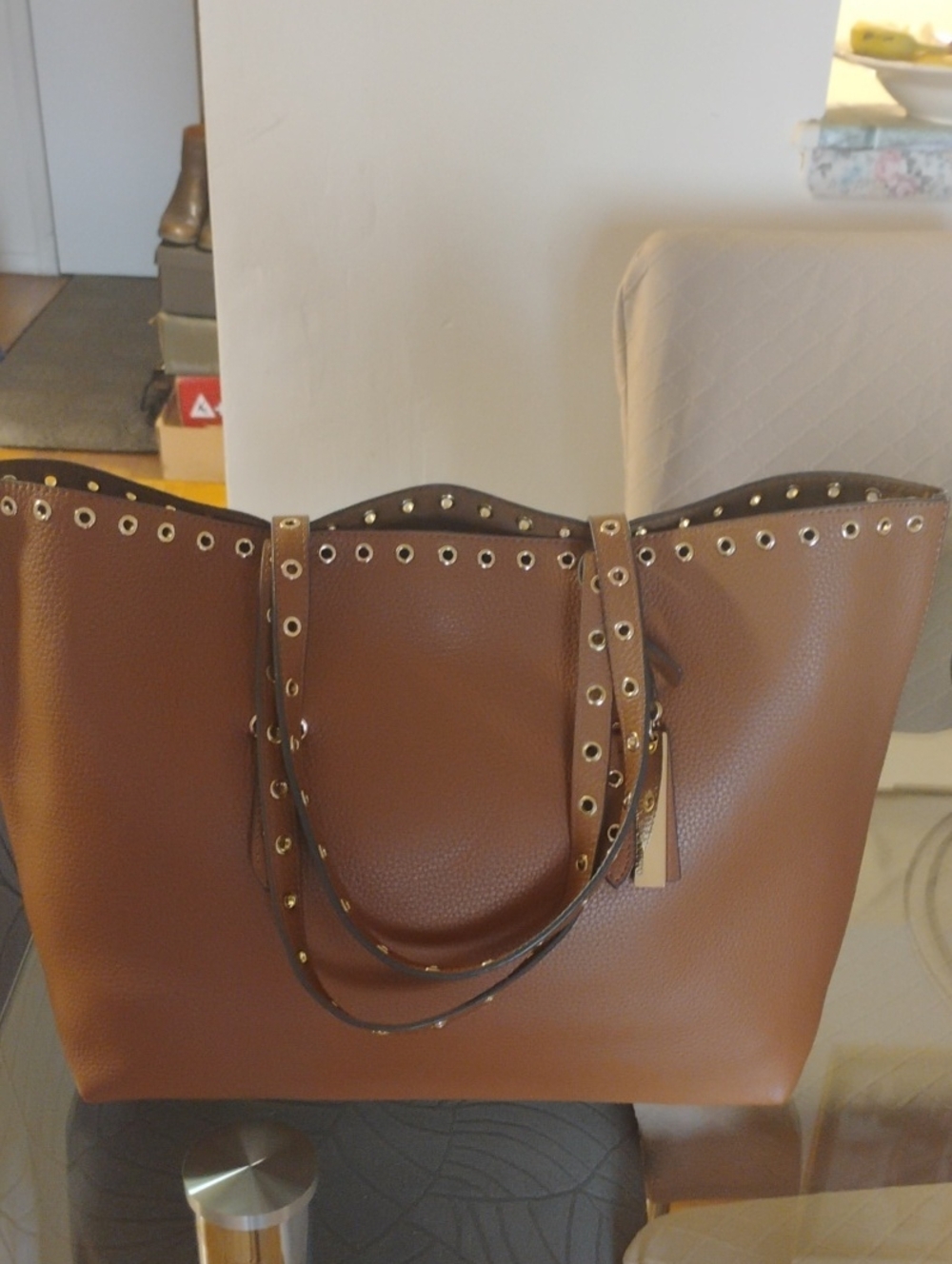 Vince Camuto Brown Tote with Gold-Tone Eyelets